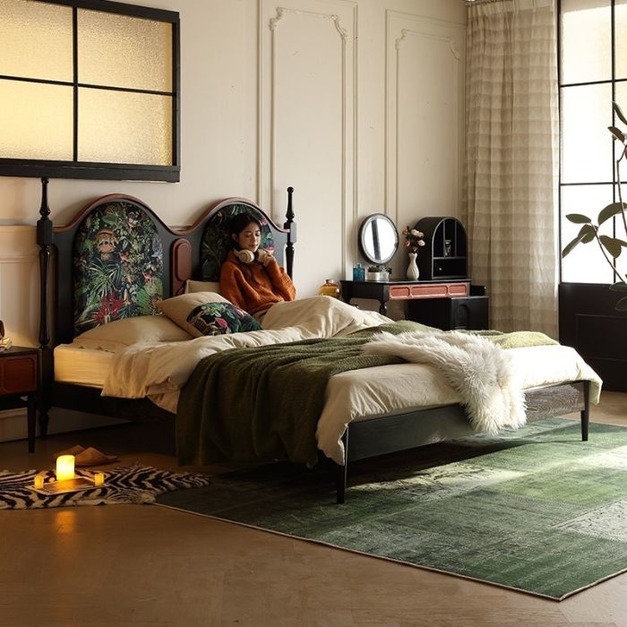 【原創法式中古】中古風系列彩虹橋床 臥室白蠟木紋復古絨布面雙人床