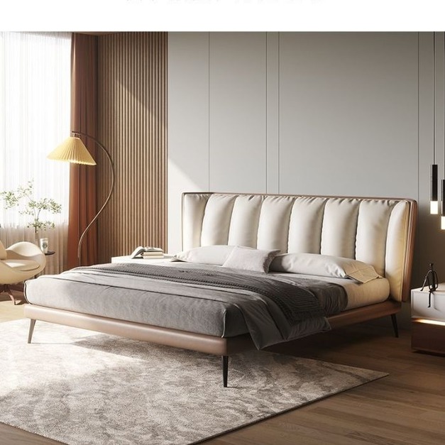 【唯綺系列】極簡臥室軟包模擬皮靠背床 簡約主臥大氣齊邊雙人床