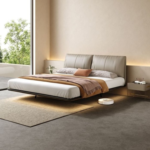 【萊典系列】臥室極簡感應燈雙人床時尚白蠟木模擬皮懸浮床