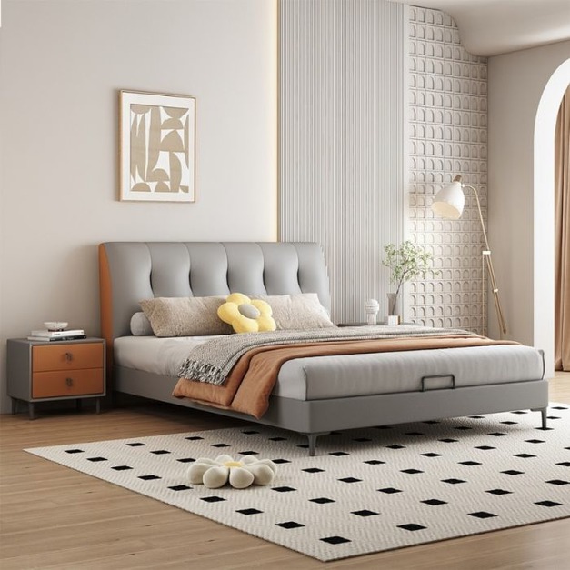 【萊典系列】臥室家用貓抓皮極簡撞色軟包 床墊防滑設計齊邊雙人床