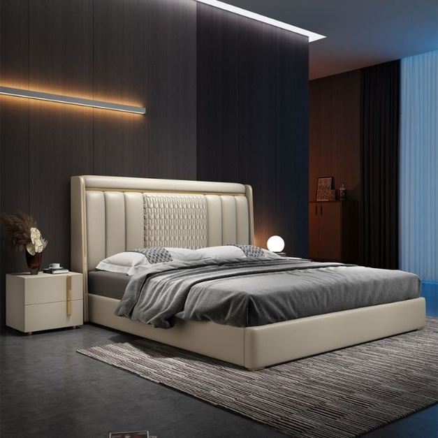 【萊典系列】輕奢臥室頭層真皮意式簡約大床小戶型雙人床婚床