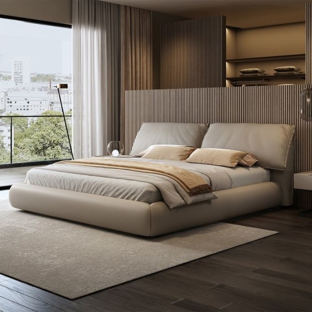 【米思婭系列】極簡風頭層真皮細紋軟床 時尚簡約家用臥室包邊雙人床