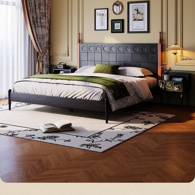 【原創法式中古】中古風系列日冕大床 臥室復古白蠟木紋雙人床