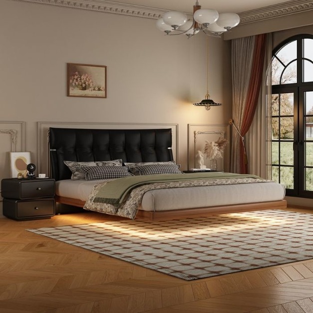 【米思婭系列】極簡風格生態真皮齊邊床 臥室家用白蠟木床邊懸浮床