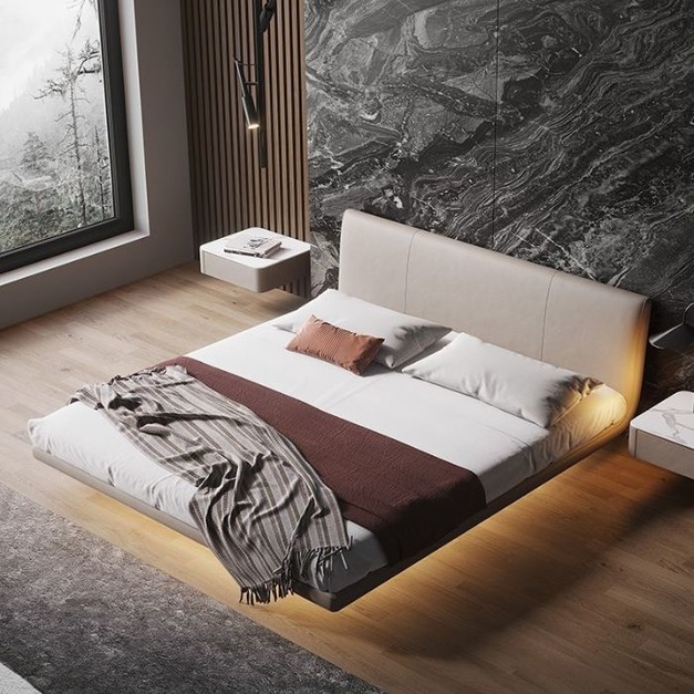 【雲貝蓓系列】極簡風格 軟包網紅懸浮床帶LED智能燈帶