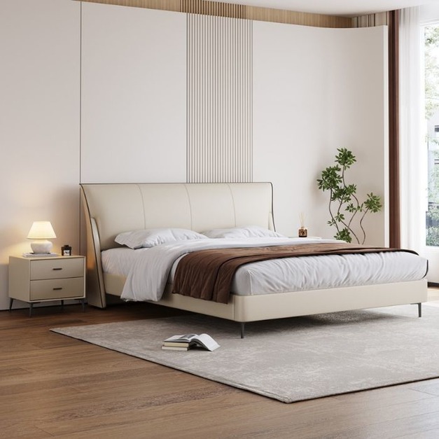 【摩登奢居系列】極簡小戶型雙人床簡約主臥頭層黃牛皮軟包大床