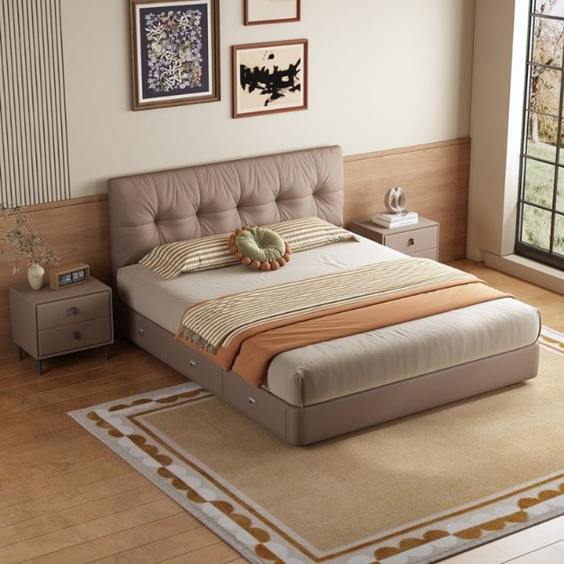 【萊典系列】極簡風生態真皮帶抽屜儲物床 主臥次臥家用簡約齊邊齊尾床