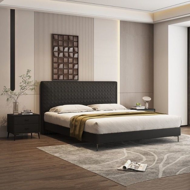 【摩登奢居系列】極簡時尚進口頭層黃牛皮軟床臥室雙人床齊邊床