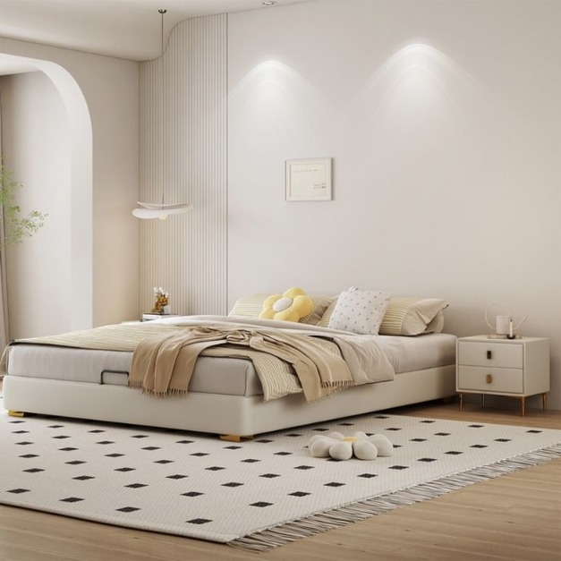 【萊典系列】輕奢家用臥室仿皮齊邊雙人床簡約無床頭設計大床