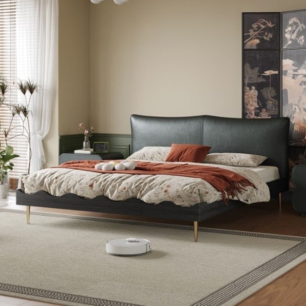 【唯綺系列】蘇菲系列 輕奢復古風真皮臥室波浪床主卧納帕真皮實木雙人床