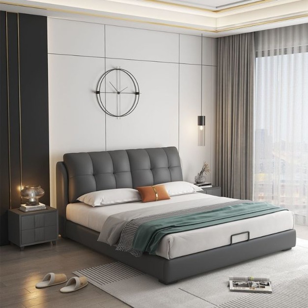 【萊典系列】極簡簡約模擬皮小戶型防滑設計主臥室雙人軟包齊邊大床