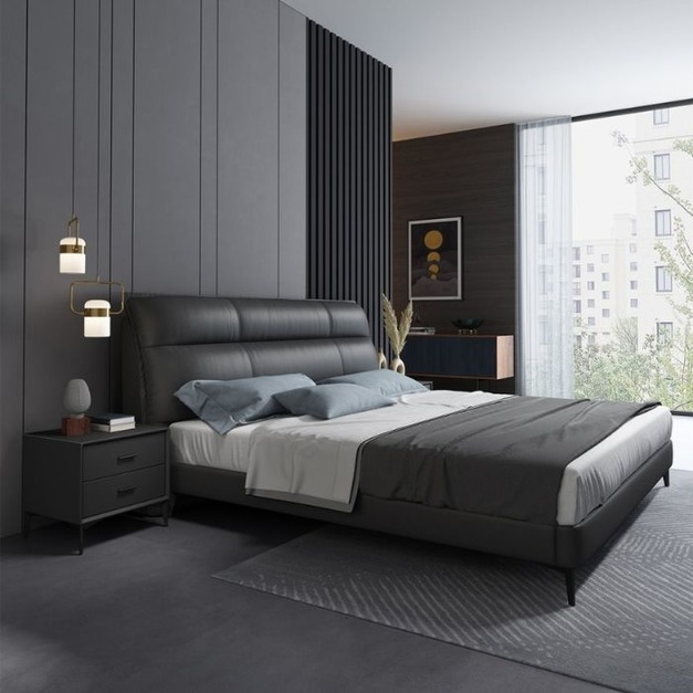 【萊典系列】極簡家用臥室雙人實木框架皮藝頭層真皮齊邊床