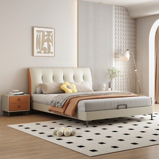 【萊典系列】臥室家用貓抓皮極簡撞色軟包 床墊防滑設計齊邊雙人床