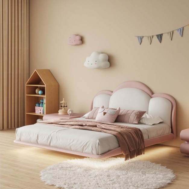 【唯綺系列】極簡模擬皮懸浮兒童大床意式簡約雲朵女孩公主雙人床
