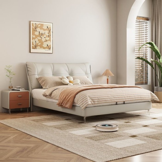 【萊典系列】意式極簡羽絨軟包生態真皮床簡約主卧齊邊床雙人床