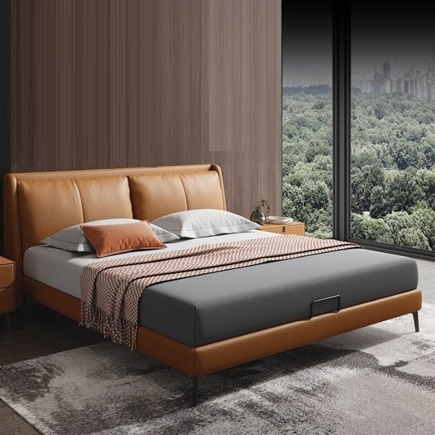 意式極簡雙人婚床主卧時尚簡約高靠背軟床【真皮橙色】