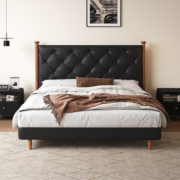 【梓溢系列】復古中古風臥室雙人床荔枝紋頭層真皮靠背軟包床