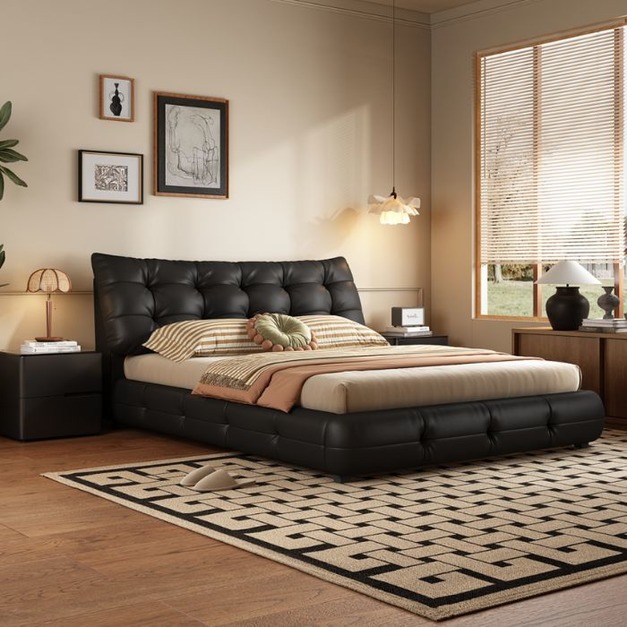 【米思婭系列】 設計師款-大黑熊 臥室黑色軟包頭層真皮包邊15公分鋼木排骨架床