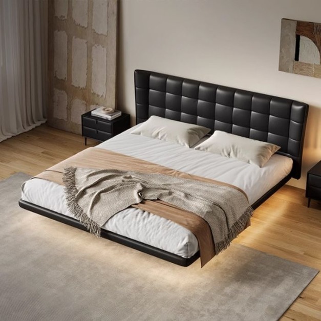 【雲貝蓓系列】極簡風華夫餅懸浮床 臥室簡約帶燈帶納帕真皮床