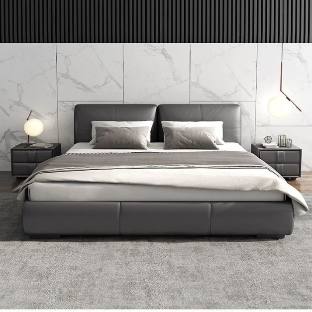 【雲貝蓓系列】臥室大氣納帕真皮雙人床家用極簡軟包矮腳婚床