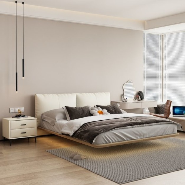 【全屋優選家居】意式輕奢臥室大小戶型頭層真皮軟包皮藝 懸浮床