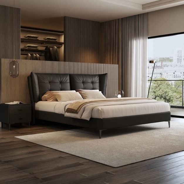 【萊典系列】極簡風格主臥室雙人床簡約舒適生態真皮軟包床齊邊床