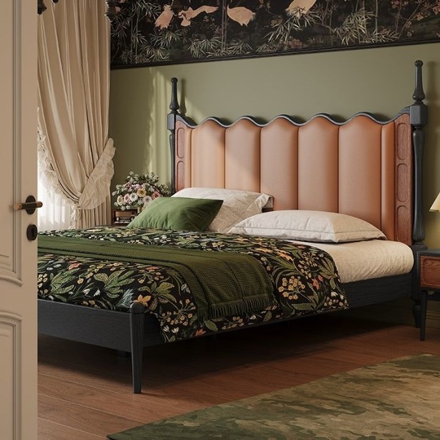 【原創法式中古】中古風系列海浪床 臥室白蠟木紋復古生態真皮雙人床