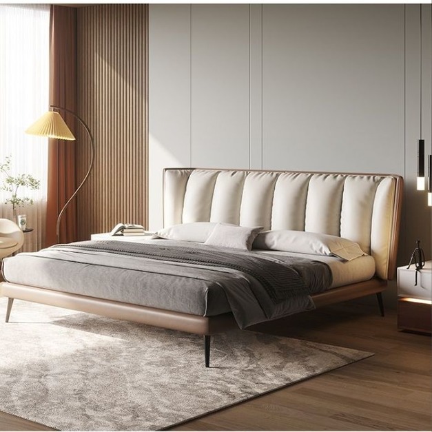 【唯綺系列】極簡臥室軟包納帕真皮靠背床 簡約主卧大氣齊邊雙人床
