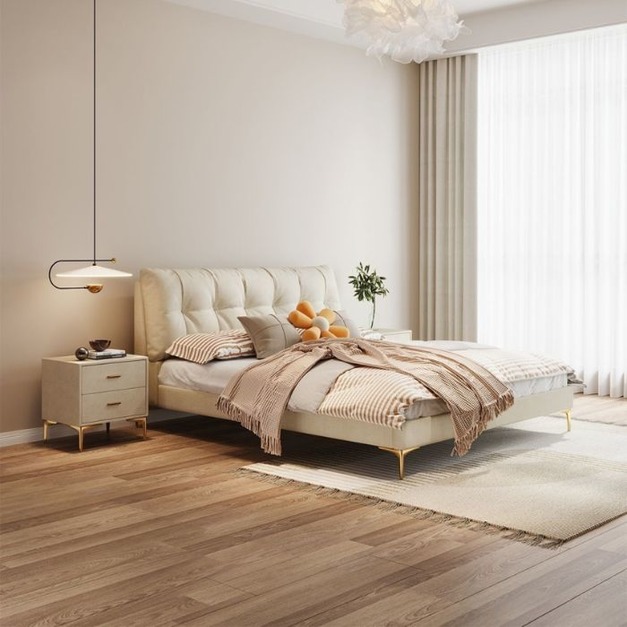 免洗科技布臥室成人輕奢小戶型別墅雙人床（奶油白-科技布）