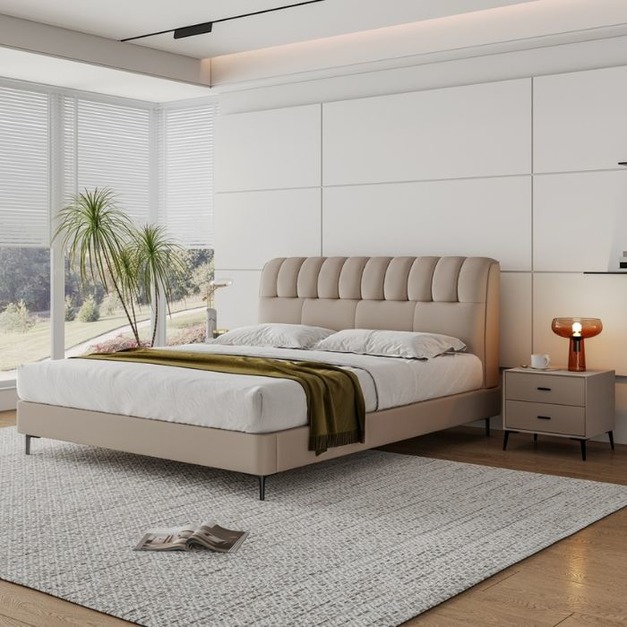 【摩登奢居系列】極簡家用臥室舒適軟包生態真皮皮藝床齊邊床雙人床