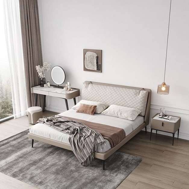 【雲貝蓓系列】意式極簡高檔納帕真皮軟包床創意拼色婚床