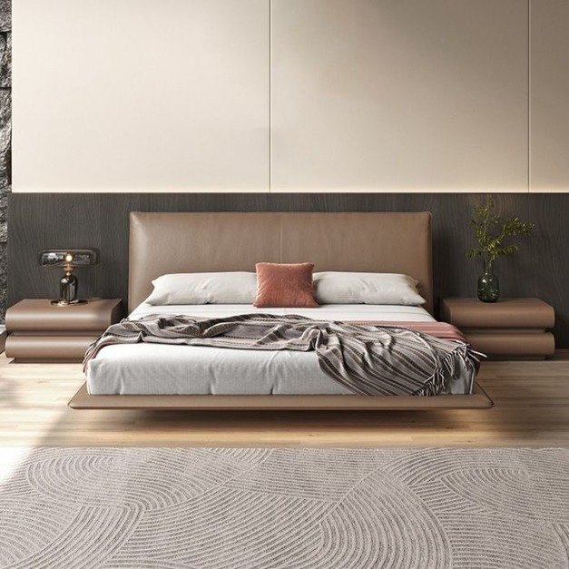 【雲貝蓓系列】極簡家用香奈兒皮床 LED感應燈頭層真皮懸浮床