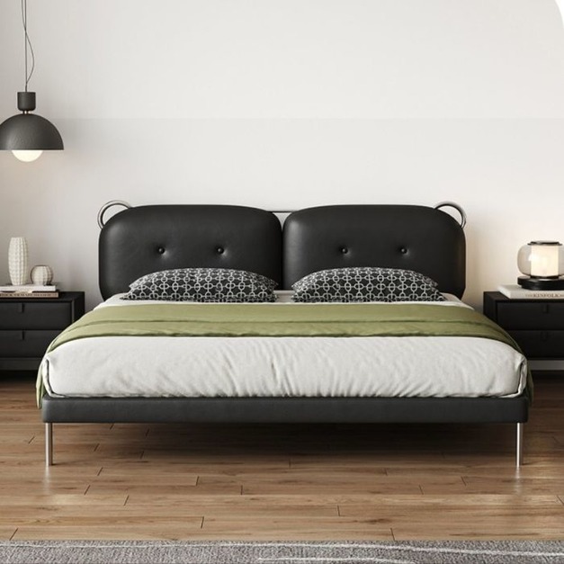 【唯綺系列】創意小熊荔枝紋頭層真皮軟床極簡風主臥次卧不鏽鋼底架雙人床