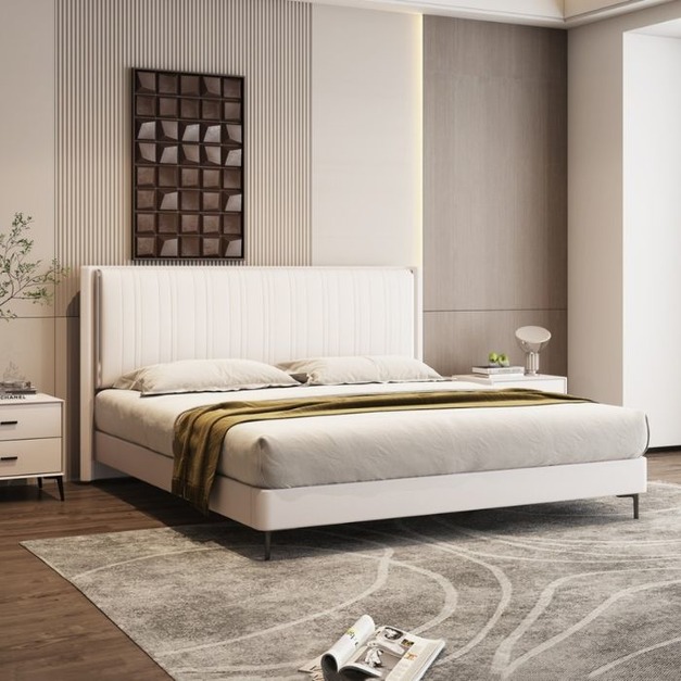 【摩登奢居系列】簡約時尚生態真皮軟包大床極簡家用臥室雙人床齊邊齊尾床