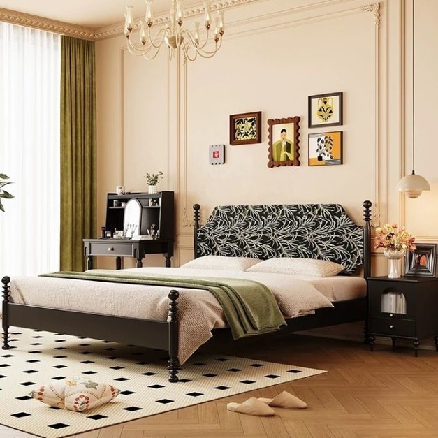 【賽茨傢俱系列】中古風系列 家用臥室進口白蠟木床絨布軟包雙人床大床