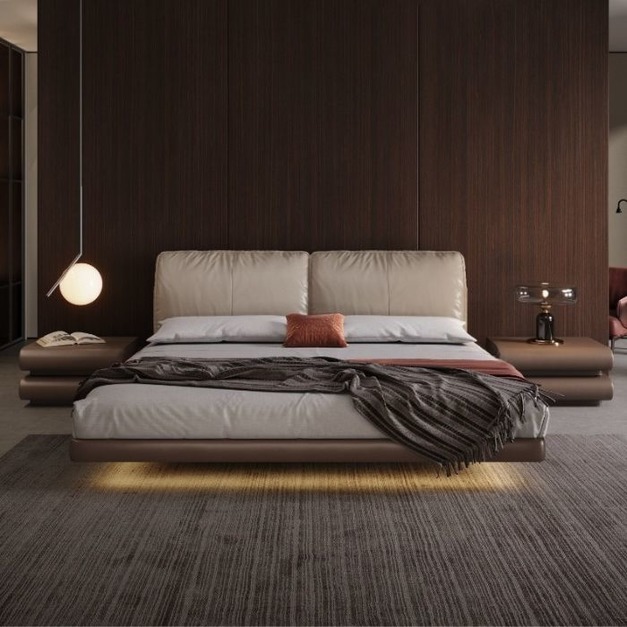 【雲貝蓓系列】極簡風康納利懸浮床 臥室簡約帶燈帶納帕真皮床