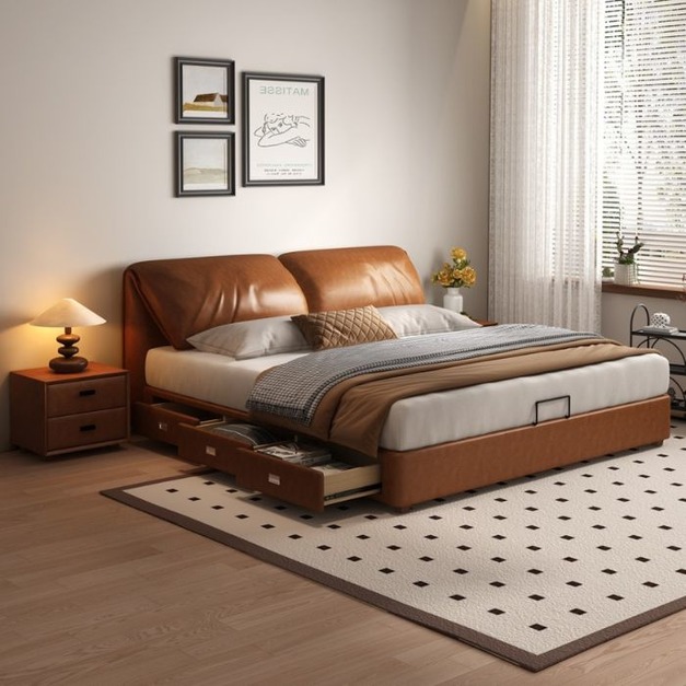 【哥斯圖系列】中古風系列 大象耳朵簡約臥室大床帶收納抽屜床油蠟皮軟包齊邊床雙人床