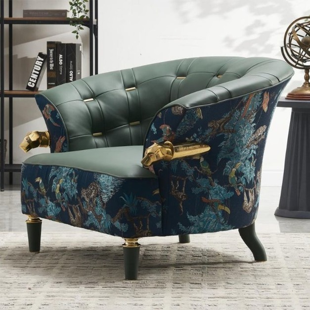 【NLOOK系列】輕奢刺繡彩圖布藝休閒椅客廳單人接觸面模擬皮臥室陽臺