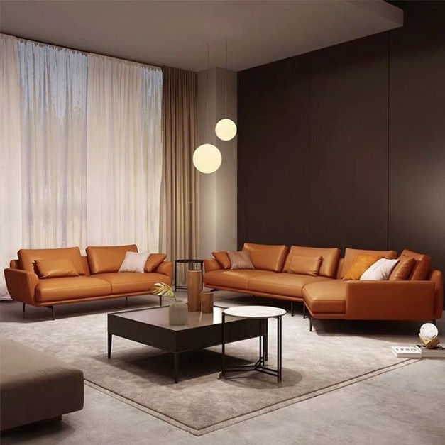 【貝洛迪系列】極簡風格 義大利小黃牛皮組合沙發（橙色）