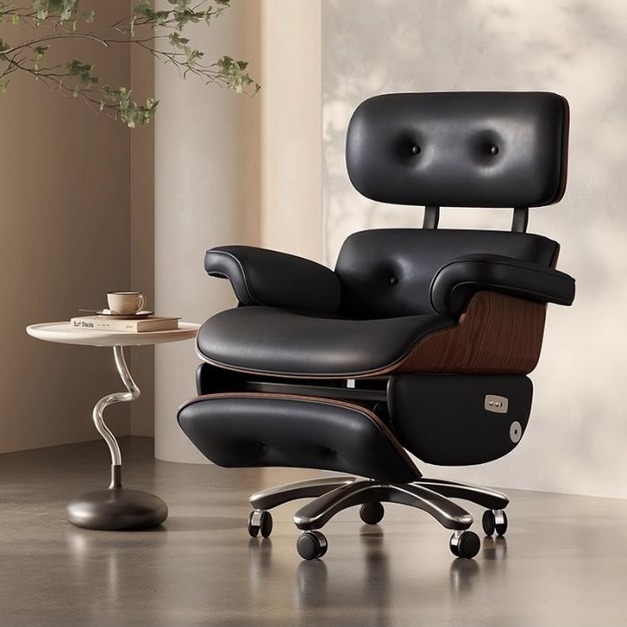 【海小特系列】時尚大氣荔枝紋黑色牛皮電動躺椅辦公椅家用客廳書房舒適休閒椅