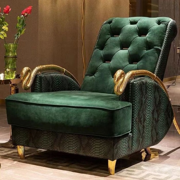 【NLOOK系列】輕奢個性創意模擬皮蟒蛇紋軟包休閒金屬蛇權杖雙扶手陽臺客廳臥室休