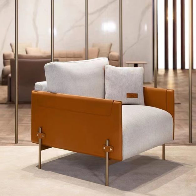 【NLOOK系列】輕奢單人位客廳透氣棉麻布撞色雙扶手皮布結合客廳單椅時尚休閒椅