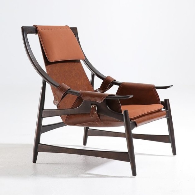 【摩登奢居系列】家用馬鞍皮休閒椅 中古風白蠟木陽臺客廳實木休閒椅