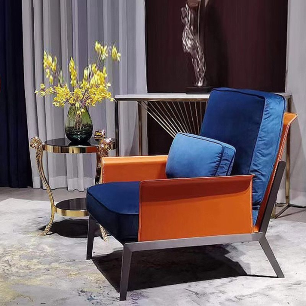 【NLOOK系列】極簡經典馬鞍皮休閒椅創意拼色陽臺客廳臥室休閒椅（藍+橙）