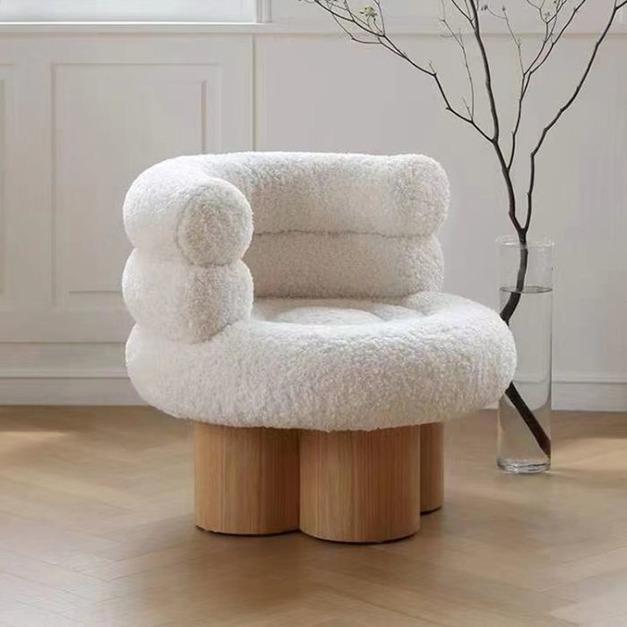 【減色系列】奶油侘寂風蝸牛單椅 時尚舒適陽臺實木羊羔絨休閒椅