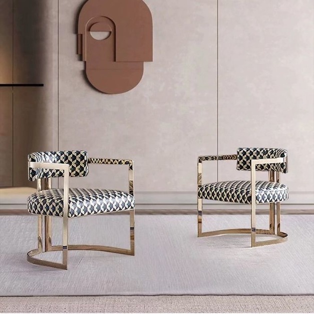 【海小特系列】意式輕奢休閒椅客廳不鏽鋼靠背椅酒店印花超纖皮洽談椅