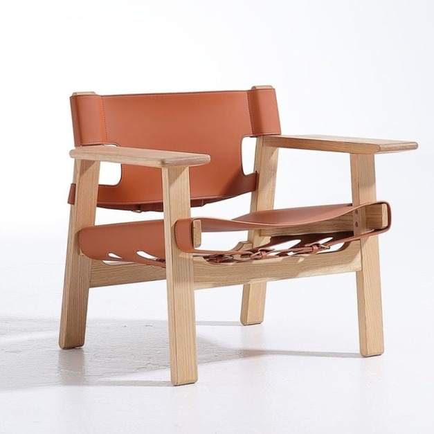 【摩登奢居系列】家用白蠟木休閒椅 侘寂風陽臺客廳馬鞍皮實木休閒椅