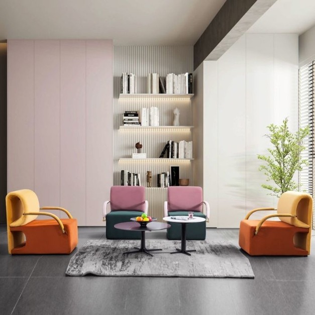 【NLOOK系列】輕奢創意客廳絨布撞色雙扶手客廳單椅時尚休閒椅（黃色+橙色 ）