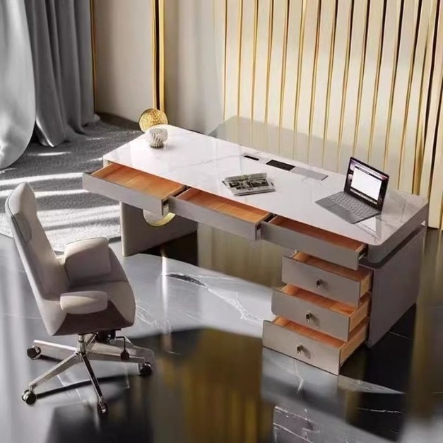 【摩登奢居系列】意式輕奢亮光魚肚白岩板辦公桌電腦桌書桌