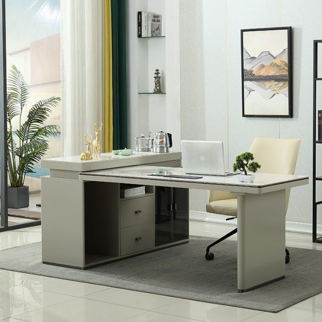 【摩登奢居系列】極簡家用亮光香奈兒岩板書桌簡約創意帶茶台喝茶辦公一體書桌